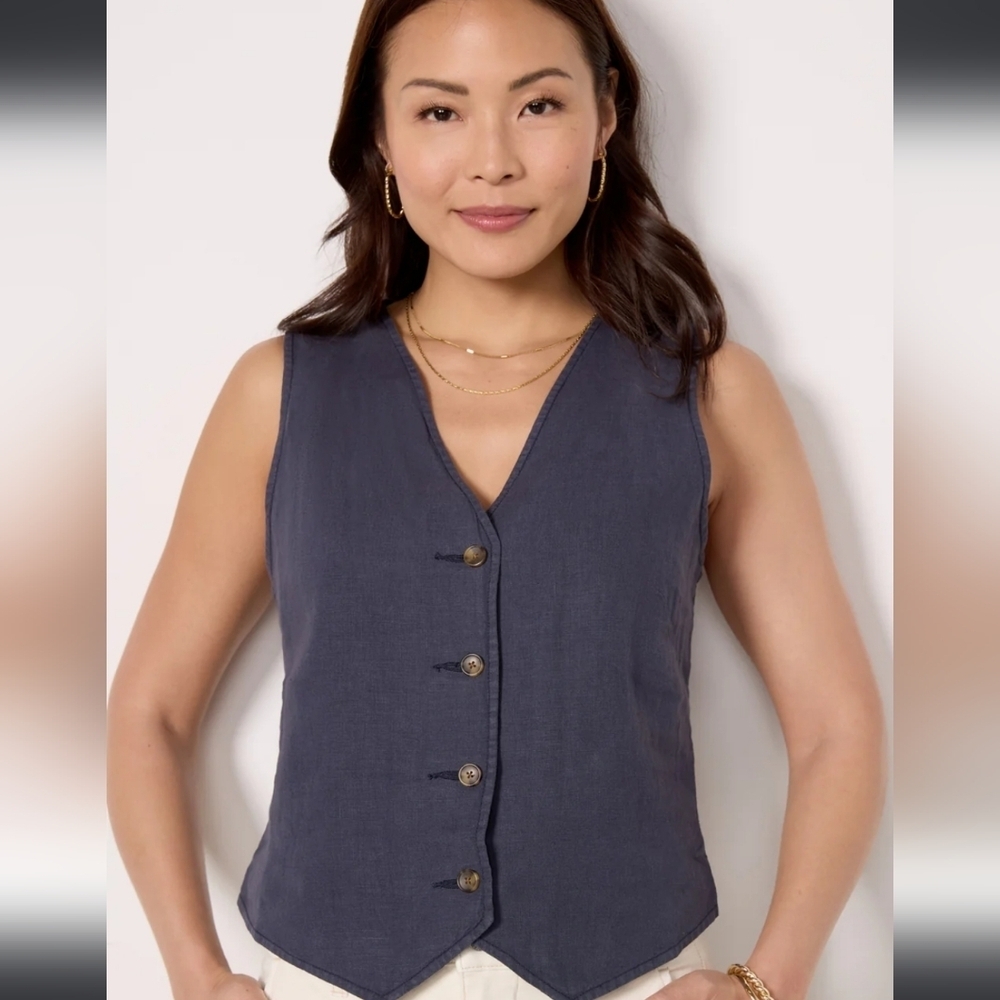 Faherty Monterey Linen Vest Aftermidnight Blue Size Large